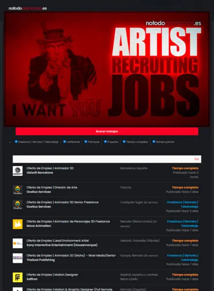 Ofertas de Empleo de Animacion 2D y 3D. Animador, Ilustrador, Artista CGI, 3D, modelador, videojuegos y VFX