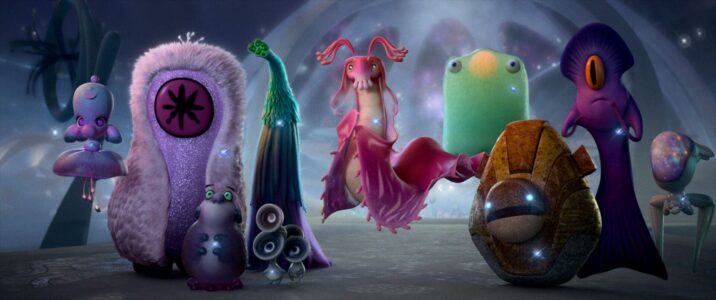 AMBASSADORS – When 11-year-old Elio (voice of Yonas Kibreab) is beamed up to space, he finds himself in the Communiverse, an interplanetary organization with representatives from galaxies far and wide. Like humans, the members of the Communiverse come in all shapes, sizes and personalities. Among them are Ambassador Mira (far left), Ambassador Helix (third from left), Ambassador Questa (center), Ambassador Tegman (third from right) and Ambassador Turais (second from right). Disney and Pixar’s “Elio” releases in theaters June 20, 2025. © 2025 Disney/Pixar. All Rights Reserved.