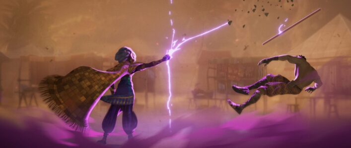 The Lion (Cress Williams) stops a Local Defender of the village in Marvel Animation's EYES OF WAKANDA, exclusively on Disney+. Photo courtesy of Marvel. © 2025 MARVEL. All Rights Reserved.